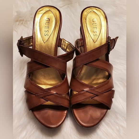 Guess Barclay Brown Leather Cork Wedge Platform Slip On Sandal Heels Size 10 - Picture 2 of 8